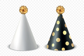 Vector 3d Realistic Birthday Party Hat Icon Set Isolated. Party Cap Design Template for Party Banner, Greeting Card. Holiday Hats, Cone Shape, Front View