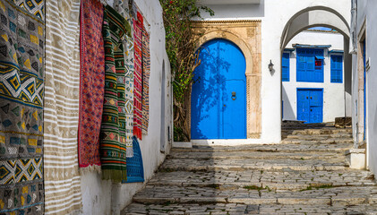 A street scene from the colorful town of Sidi Bou Said in Tunisia