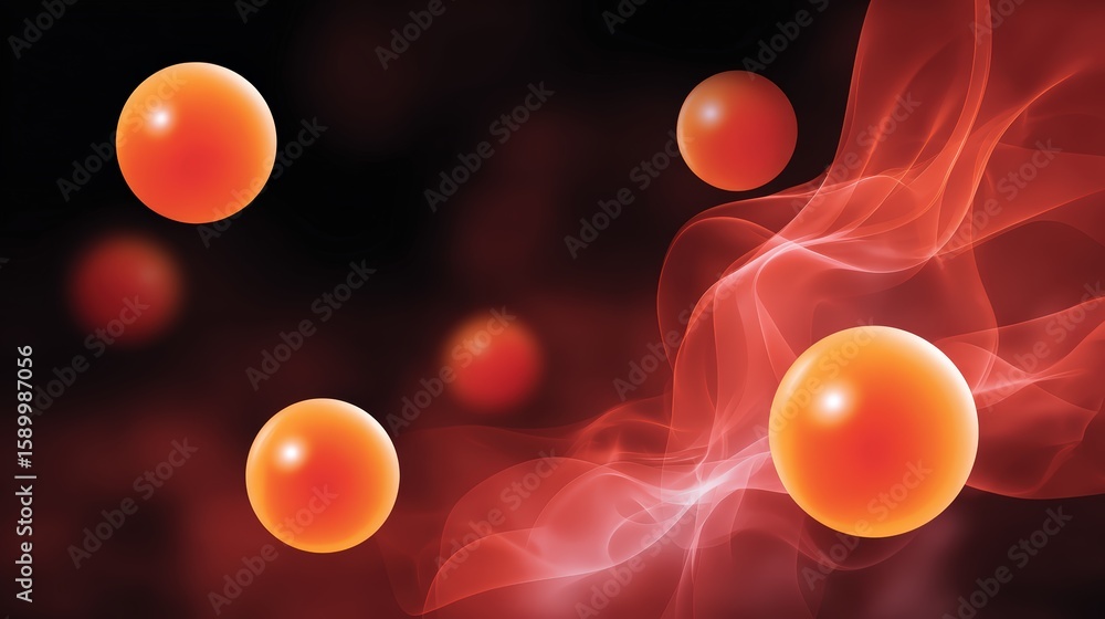 Poster abstract image of glowing orange spheres floating in dark space with swirling red and white smoke ef