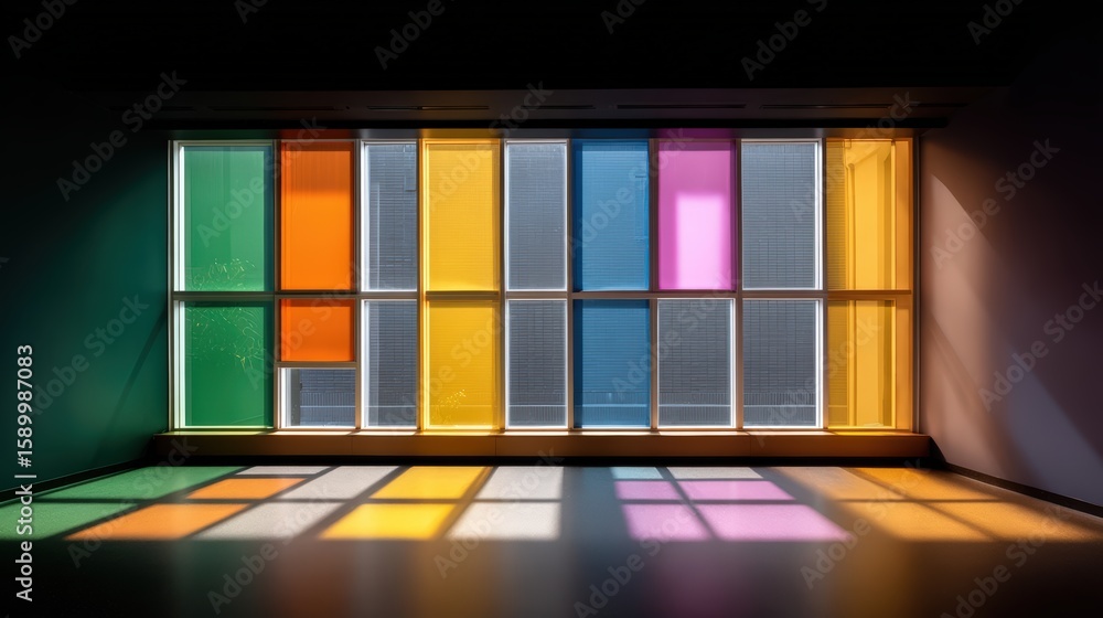 Poster modern large window with colorful stained glass panels casting vibrant light patterns on the floor i