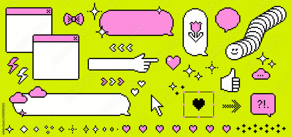 Fototapete speech bubbles and icons in pixel art style. 8 bit digital chic emoticon set in pink. pixel dialogue