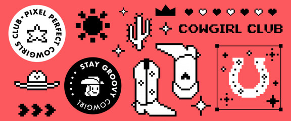 Y2k pixel cowboy emoticon icons on coral red background. 8 bit style wild west cowgirl party elements of western boots, horseshoe, cactus, hat and sun for digital design, game interface, social media