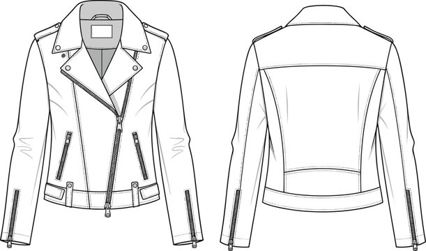 Men&rsquo;s asymmetrical zip biker jacket sketch front and back views, wide lapel collar, zip cuffs, belted hem, zip pockets, fashion garment illustration