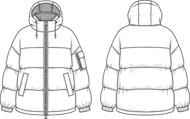 Men’s quilted puffer jacket sketch front and back view, hood with drawstring, sleeve zip pocket, dual front flap pockets, ribbed cuffs and hem © Zahid Creatives