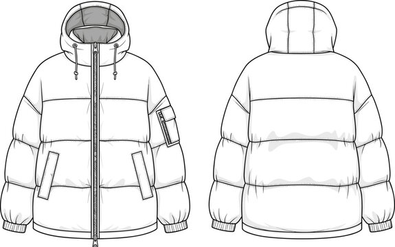 Men&rsquo;s quilted puffer jacket sketch front and back view, hood with drawstring, sleeve zip pocket, dual front flap pockets, ribbed cuffs and hem