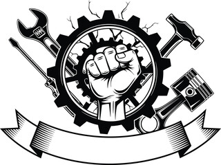Powerful Mechanics Emblem with Tools and Gear