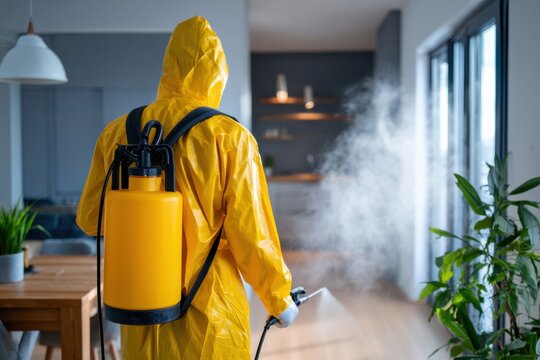 Person Disinfecting Interior with Sprayer and Protective Suit