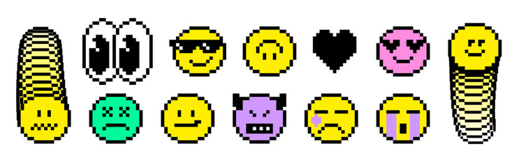 Pixel art retro emoticon set. 8 bit yellow faces with smile, sad, cry and critic emotion. Heart eyes, evil emotion, devil horns, cool sunglasses. Pixelated icons for retro interface, digital stickers