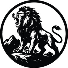 Fototapeta premium Powerful lion roaring atop majestic mountains, a bold graphic design.