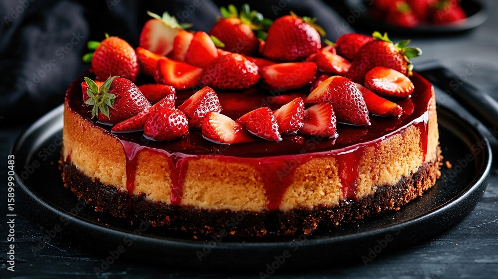 Poster a close-up of a cake on a plate with strawberries on top and the rest of the cake in the background