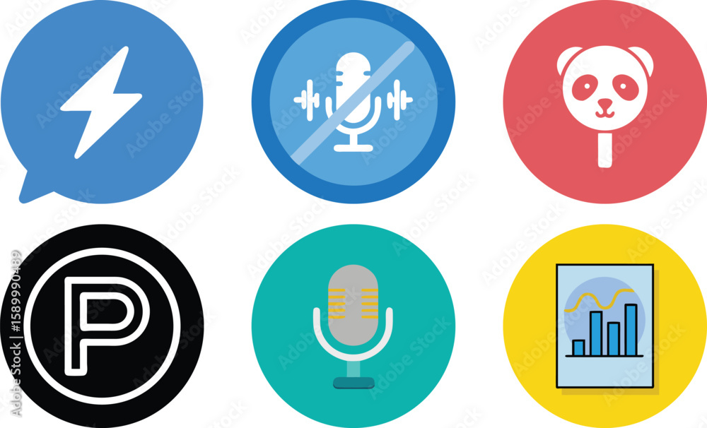 Poster vector art of a collection of colorful app icons featuring symbols like lightning, microphone, panda
