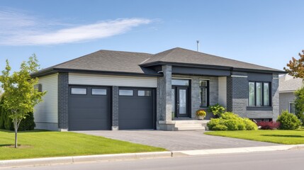 Single-Story House with Gray Brick and Two-Car Garage