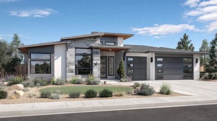 Modern One-Story House Exterior with Driveway and Landscaping