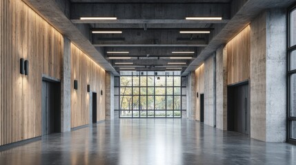 Concrete and Wood Interior Hallway with Large Windows