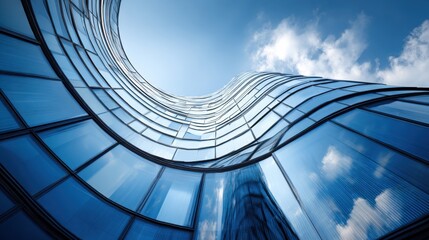 Curved Glass Building Exterior with Sky Reflection