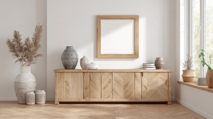 Interior with Wooden Sideboard, Vases, and Framed Blank Space