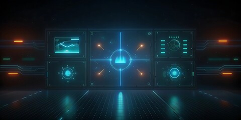 A futuristic control panel with multiple glowing screens and data visualizations.