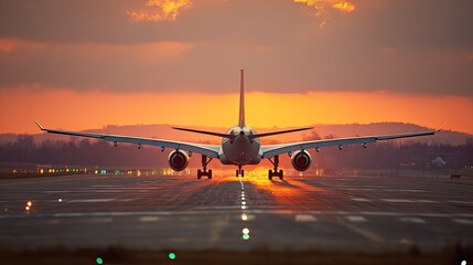 Airplane Landing at Sunset on Runway
