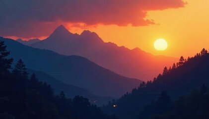 Golden hour light bathes dark mountain silhouettes, creating a warm, ethereal glow , texture, design