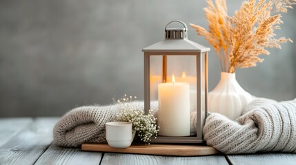 Cozy Autumn Still Life,  Candle Lantern, Knit Sweater, Dried Flowers