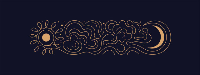 Moon, golden star, sun, night sky. Vector line art
