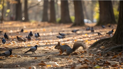 Obraz premium Curious Squirrel Surrounded by Birds on Forest Floor in Natural Habitat