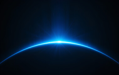 Obraz premium Bright Blue Light Flare Behind Planet Curve with Horizontal Light Streak Ray