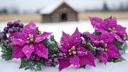 Purple Poinsettia Winter Wreath Snow Scene