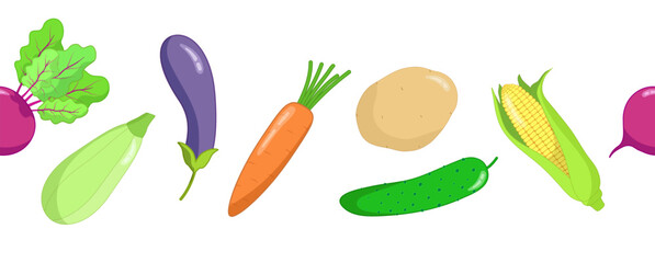 Seamless border of isolated vegetables corn, beetroot, potato, zucchini, cucumber, eggplant, carrot on white background. Vector illustration for children's decoration, kitchen supplies, wrapping.