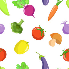 Seamless pattern of colored vegetables eggplant, carrot, mushroom, bell pepper, tomatoes, onion, broccoli on white background. Vector illustration for tablecloth, kitchen supplies, wrapping paper.