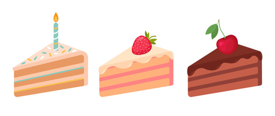 Set of three cake slices: chocolate with cherry, strawberry with cream, and birthday cake with candle. Cute dessert collection on white background