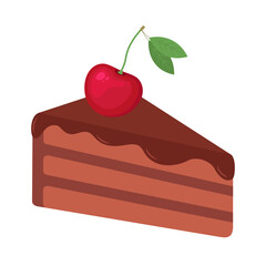 Slice of chocolate cake with cherry on top. Sweet dessert illustration on white background. Ideal for bakery or food design