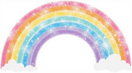 Sparkling pastel rainbow with clouds isolated on white background