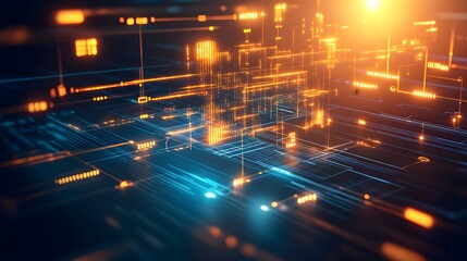 Abstract Digital Network Data Flow Orange Blue Glowing Lines