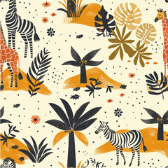 Plant seamless pattern giraffes and zebras in colorful jungle. africa, tropics in cartoon style