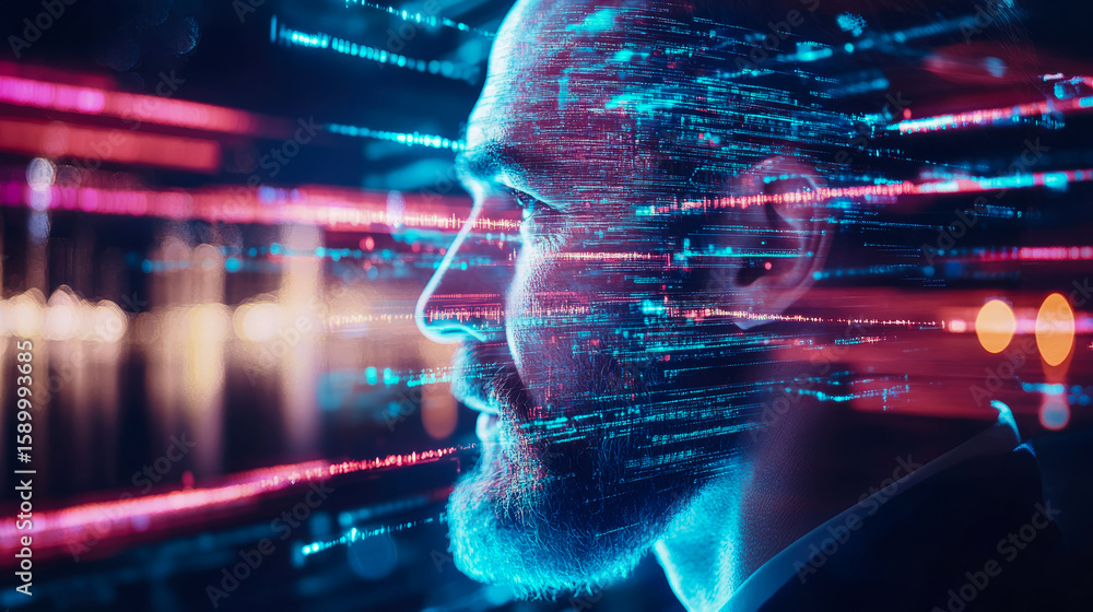 Aufkleber a futuristic portrait of a man's head immersed in a digital data stream, representing artificial int