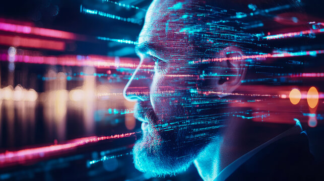 A futuristic portrait of a man's head immersed in a digital data stream, representing artificial intelligence and the human-technology connection, suitable for a science poster or banner.