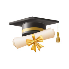 3d diploma scroll with graduate hat. Vintage roll paper