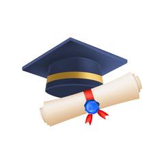 3d diploma scroll with graduate hat. Vintage roll paper
