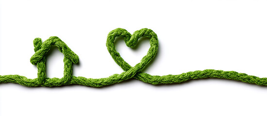 Conceptual image of a rope shaped into a house . For real estate, green home insurance, property investment, family housing, mortgage, creative DIY projects, and lifestyle branding.