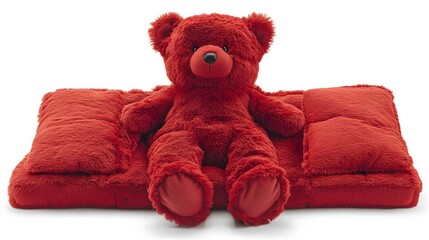 Plush Red Teddy Bear Sitting on a Fluffy Red Cushion