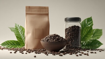 Coffee Beans with Jar, Bag, and Leaves