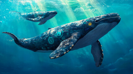 Fototapeta premium Two magnificent cetaceans with glowing symbols gracefully navigating a sunlit ocean, an enchanting underwater expedition for digital art, screen saver, or print.
