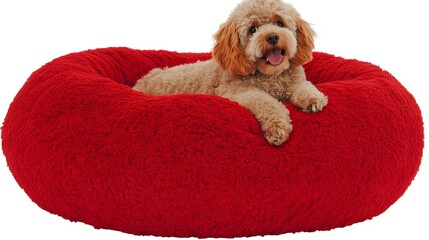 Adorable Dog in Red Plush Donut Pet Bed