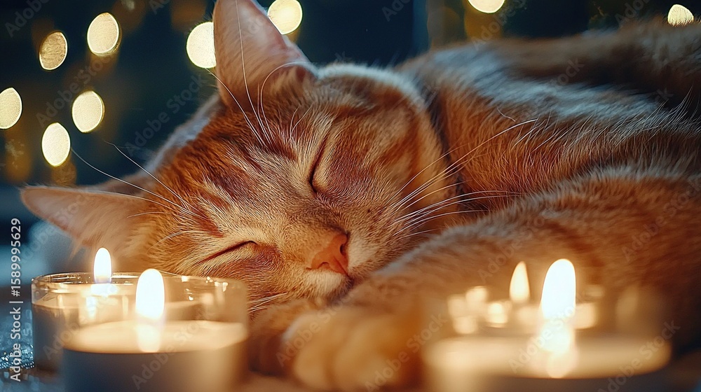 Poster a close-up of a cat lounging atop a table adorned with lit candles, framed by a window