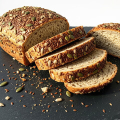 Rustic eye-level capture of seeded bread slices arranged on textured dark surface, sprinkled with flax, pumpkin, and sunflower seeds. Warm daylight with crumbs copy