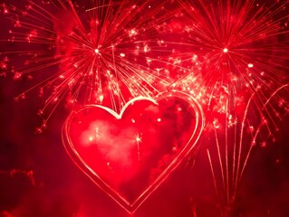 Romantic Red Fireworks Heart,  Valentines Day Celebration