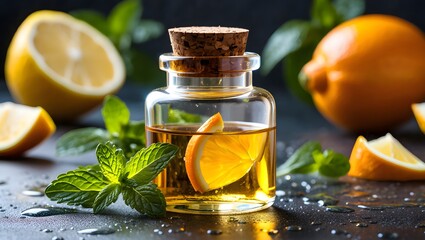 Essential oil with lemon and mint aromatherapy for relaxation and wellness therapy