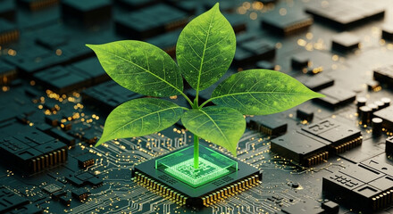 Sustainable technology shows green leaves growing from a computer chip.