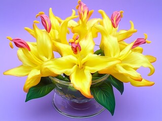 Vibrant Yellow Lilies in Glass Vase Bouquet Floral Arrangement